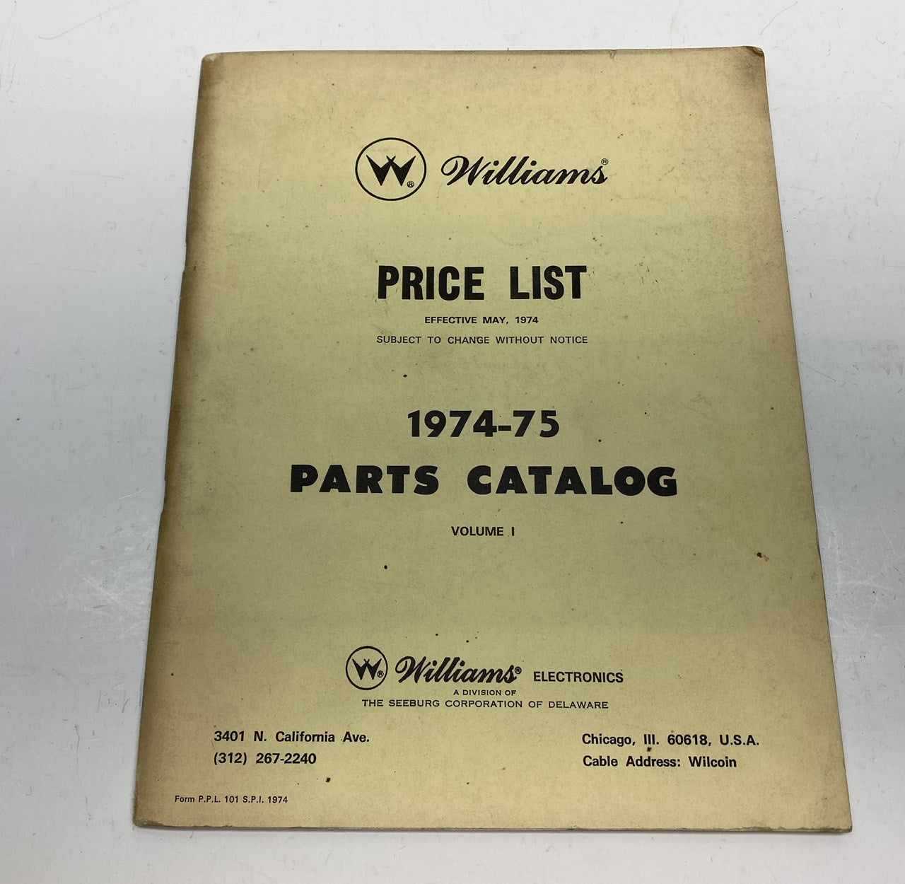 Williams Price List 1974-1975 Parts Catalog Vol. 1