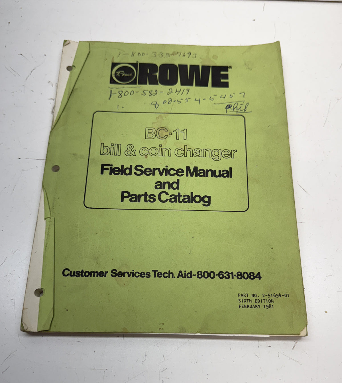 Rowe BC-11 Bill and Coin Changer Field Service Manual & Parts Catalog